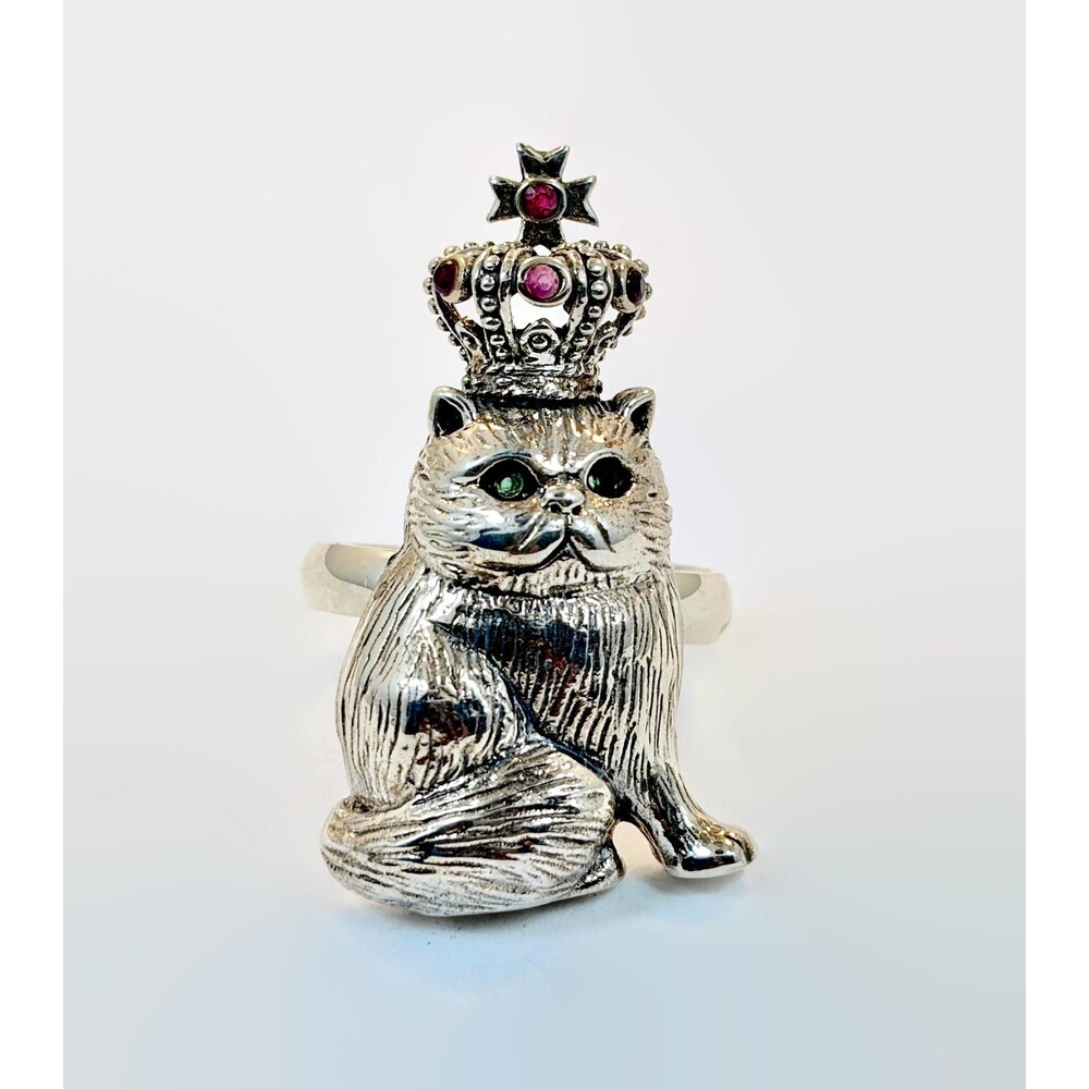 Cat Ring, Crown, Queen, Sterling Silver, Red Spinel, Vintage, Size 7